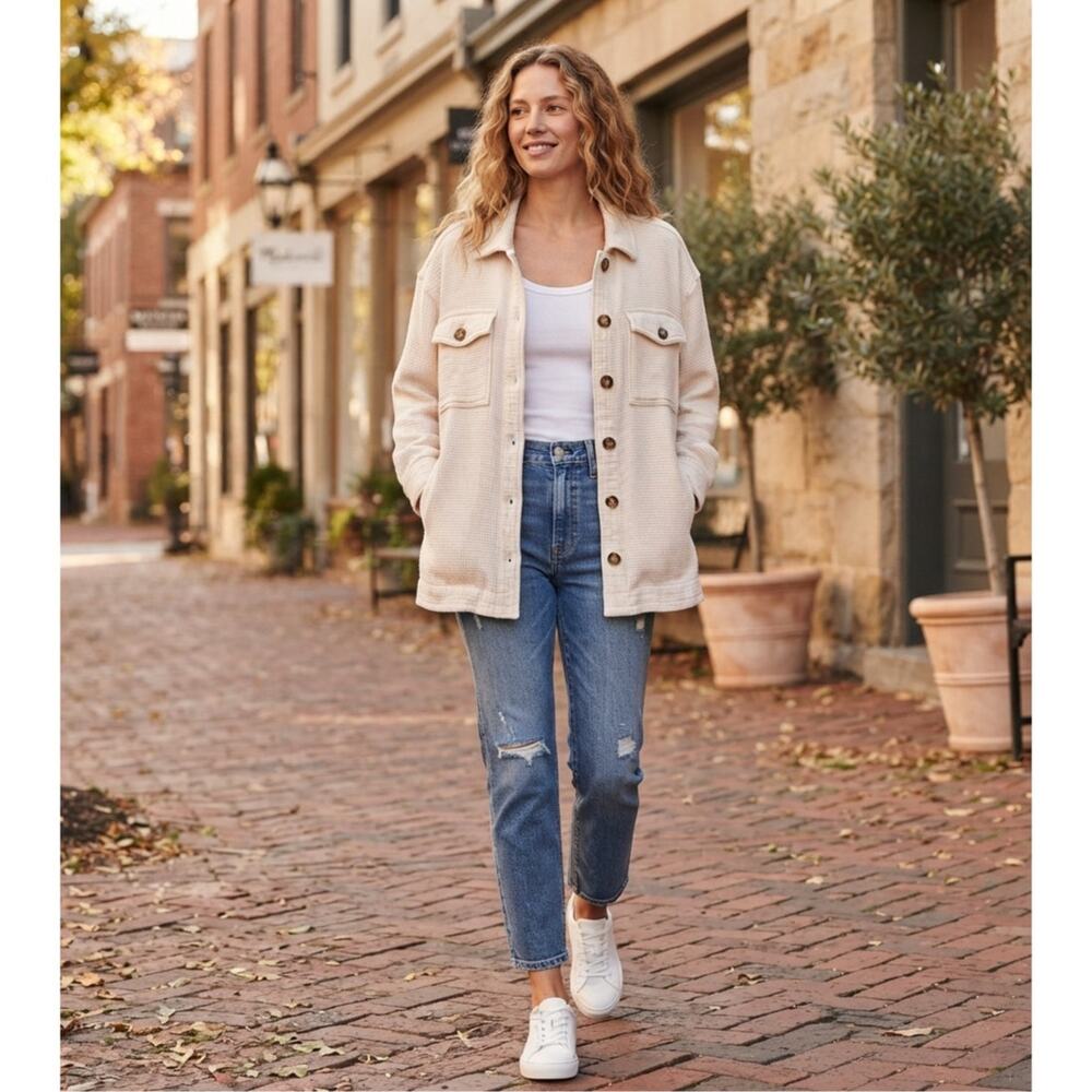 Madewell Cream Waffle Knit Branner Shirt Jacket Shacket Size L EUC